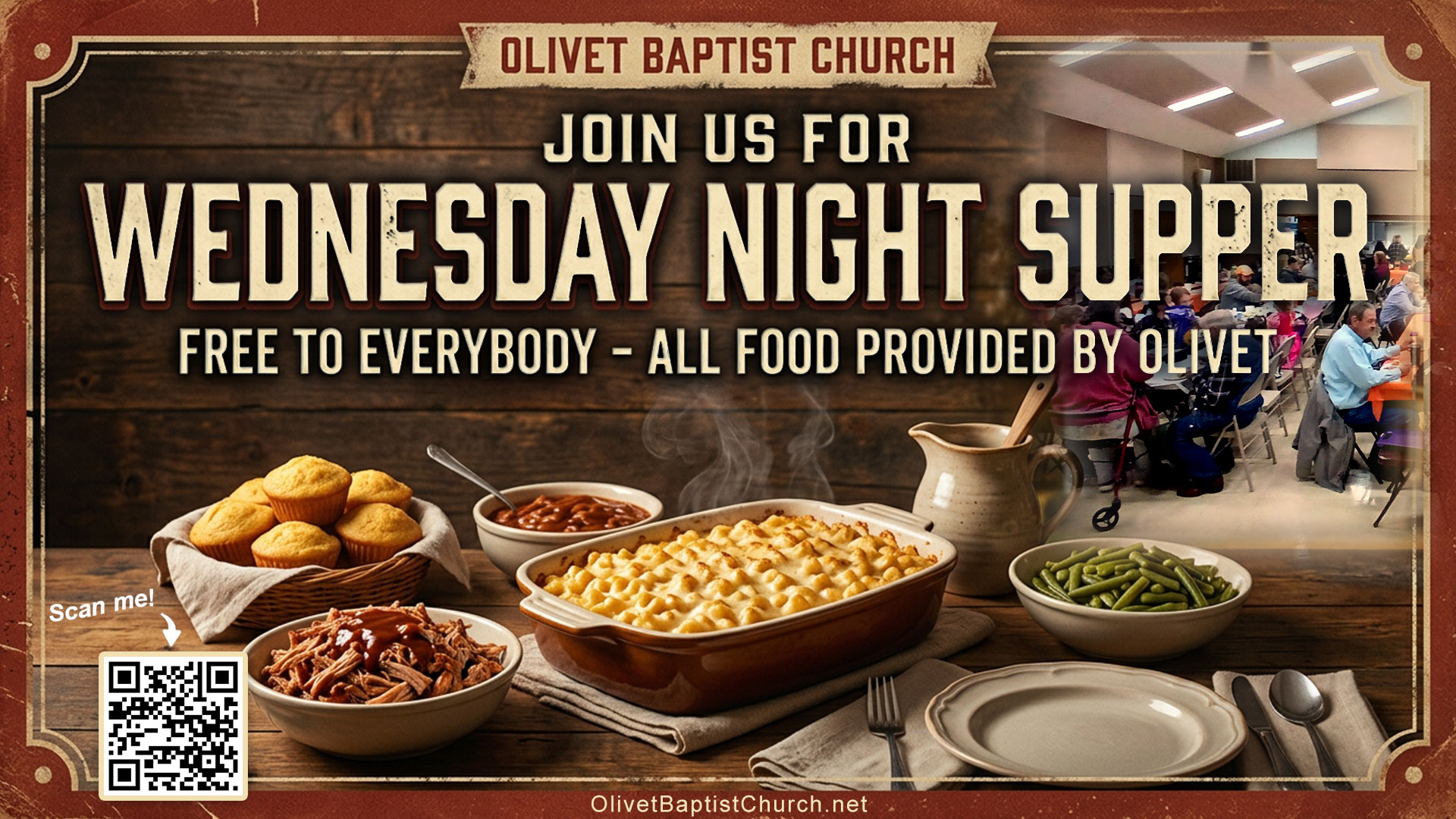 an artwork graphic of Wednesday eve supper in a dinner hall at Olivet Baptist Church in Herndon, Kentucky